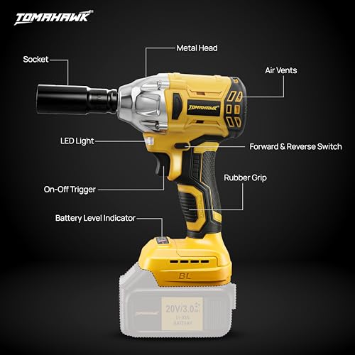 Image of Tomahawk TIW-85B 20V Cordless Impact Wrench (No Battery), 300Nm Torque, 2800 RPM, inch Square Drive + inch Hex Socket, Brushless Motor, LED Light, Reversible
