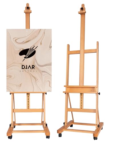 DJAR Cavalletto artistico da studio in legno con telaio ad H per pittura, altezza regolabile da 190 cm a 360 cm, grande cavalletto da pavimento in legno su ruote, può contenere tela fino a 220 cm,