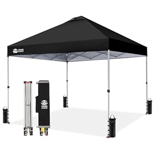 CROWN SHADES 10×10 Pop Up Canopy – Beach Tent with CenterLok One Push Setup – Easy Outdoor Sun Shade for Events, Parties, Camping – Gazebo with STO-N-Go Cover Bag, Silver Coated Top, Black