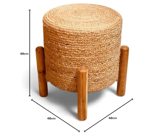 Image of Handcrafted Jute Ottoman Pouffe with Wooden Stand Support | Durable & Stylish Footrest Stool for Living Room & Bedroom | Natural Fiber Seating Pouf | 40x40x40 cm