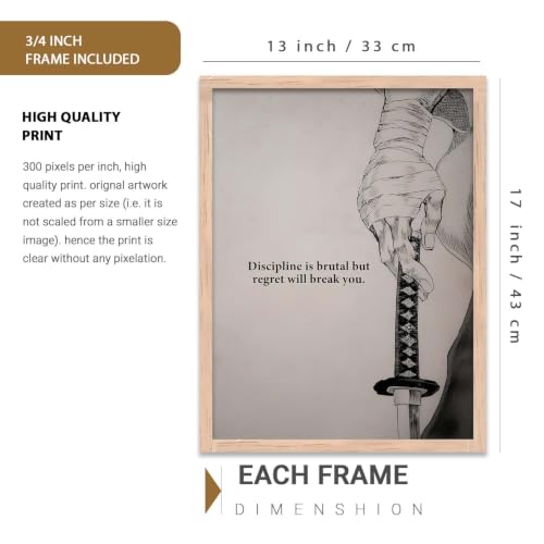 Image of kotart Japanese Samurai Motivational Art Wall Framed Posters | Aesthetic Japanese Theme Framed Poster for Living Room Bedroom Gaming Room Studio Wall Decor Set Of 3 (13X17 inch)