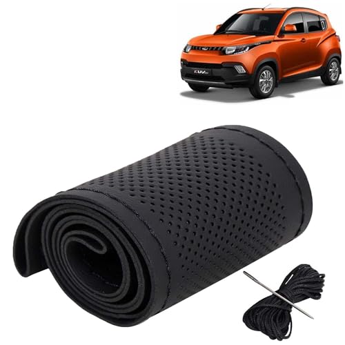 Image of KINGSWAY PU Leatherite Car Steering Cover Sewable Compatible with Mahindra KUV 100 (Year 2016 Onwards), Black Color with Black Thread, Pack of 1 with Sewing Needle and Thread