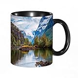 EKLMPS Tazas de Café,Taza de Cerámica para Té y Café,330ml/11oz,Regalos original,Aniversarios,nupical,desayuno,Románticos,leza, cordillera noruega con picos nevados en el lago Paisaje pesquero del nor