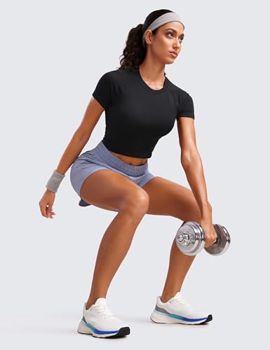 CRZ YOGA Seamless Womens Short Sleeve Crop Tops Breathable Slim Fit Gym Workout Shirts Athletic Running Basic Tee Top3