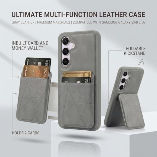 Image of amazon basics Premium Vegan Leather Back Cover with Card Holder and Integrated Mobile Stand for Samsung Galaxy S24FE 5G - Slim Shockproof Wallet Case with Geometric Stitching [Gray]