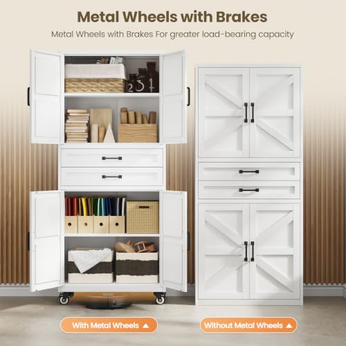 Image of White Metal Garage Storage Cabinet Rolling Kitchen Storage Pantry Cabinet