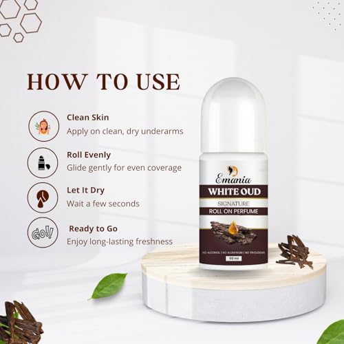 Image of Emania White Oud Underarm Roll-On Deodorant Controls Odour & Reduces Pigmentation, 0% Alcohol & 0% Aluminium, Brightens Skin & Exfoliates Underarm, Flora Fragrance, 50ml (Pack of 1)