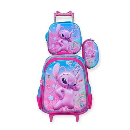 Kit Mochila Escolar do Stitch Cílios em 3D Menina com Rodinhas + Lancheira Térmica + Estojo Escolar em Alto Relevo Moan
