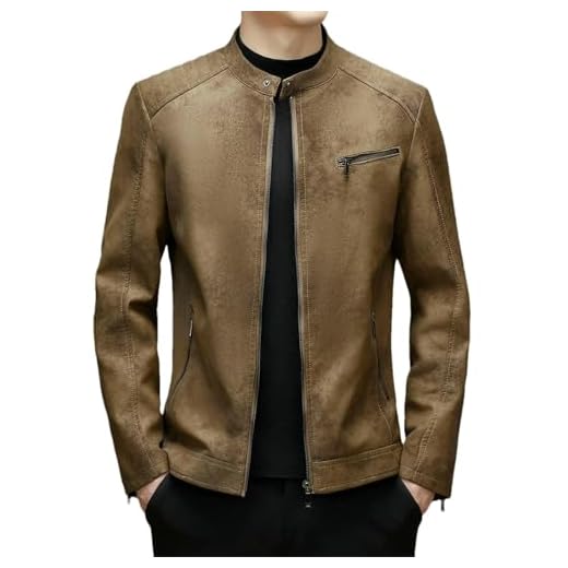 BoShiNuo Jaqueta masculina de couro sintético com forro de lã slim casual gola alta com zíper casaco outono inverno motociclista agasalho, Marrom, GG