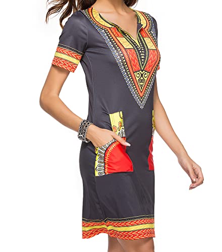 Image of African Dresses for Women Casual Vintage Attire Bohemian Dashiki Traditional Ethnic Midi Dress