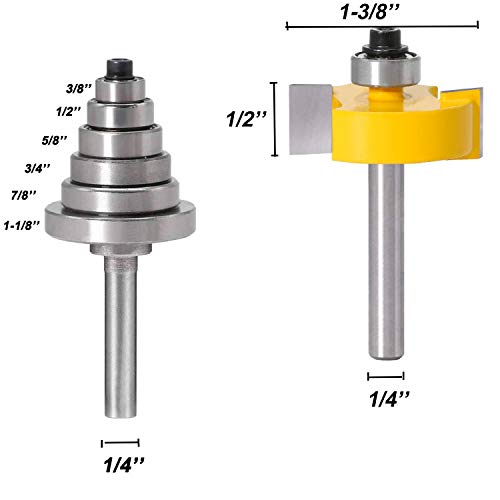Rabbet Router Bit with 6 Bearings Set- 1/8”, 1/4", 5/16", 3/8", 7/16", 1/2" Interchangeable and Adjustable Bearing Milling Woodwork Tool (1/4 Inch Shank)