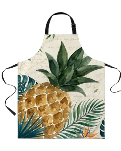 Habtucy Summer Tropical Plants Aprons for Women Men with Pockets, Botanical Pineapple Palm Leaves Adjustable Waterproof Kitchen Chefs Apron for Grilling Cooking BBQ Painting