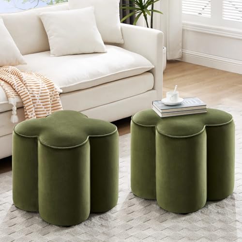 Image of Zesthouse Flower Pouf Ottomans Foot Rest Set of 2, Velvet Fabric Poofy Ottomans Footstool for Sofa Couch, Modern Living Room Stool Seats for Hallway, Cute Square Vanity Stools for Bedroom Dorm, Green