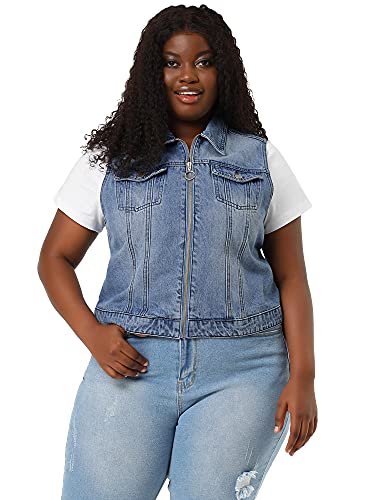 Agnes Orinda Plus Size Denim Vests For Women Sleeveless Distressed Jean Zip Jackets Vest 2023 3X Sky Blue #TOP3