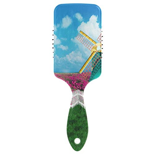 MontoJ Peigne de massage moulin à vent sur herbe Fleur Coussin de tableau Brosse à cheveux Brosse antistatique Massage cerveau Acupoints pour se détendre
