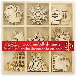 Mini Laser Cuts Wood Shapes - Snowflake, Candy Cane, Star, Mitten, Angel, Bells, Reindeer, Tree, Sleigh Holiday Icons - 45 Pieces - 1'' Across
