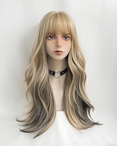 WKLOUYHE Long Wavy Wig for Women Synthetic Curly Wig with Bangs Fibre Cosplay Wig for Girls Daily Use Colorful Wigs (Gold+Black)