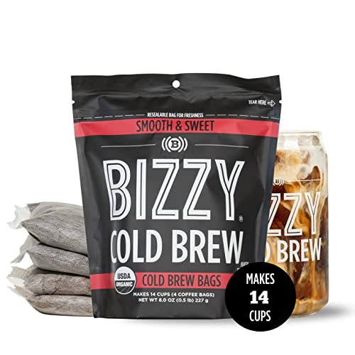 Bizzy Organic Cold Brew Coffee | Smooth & Sweet Blend | Coarse Ground Coffee | Micro Sifted | Specialty Grade | 100% Arabica | Brew Bags | 4 Count | Makes 14 Cups #TOP2