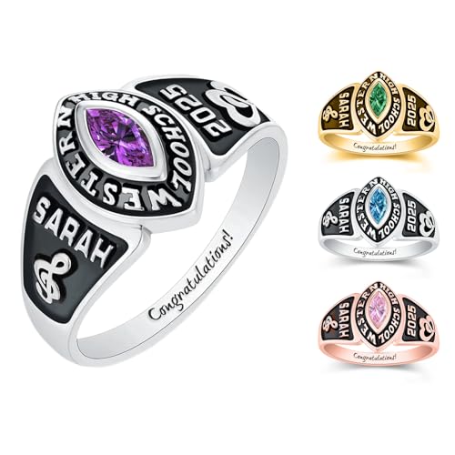 Custom High School Class Rings for Women Men 925 Sterling Silver Graduation Ring for Class of 2025 Personalized University College High School Graduation Gifts