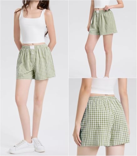 Image of Women Pajamas Shorts Y2k Elastic Waist Plaid Boxer Shorts Cute Gingham Sleep Lounge Bottoms