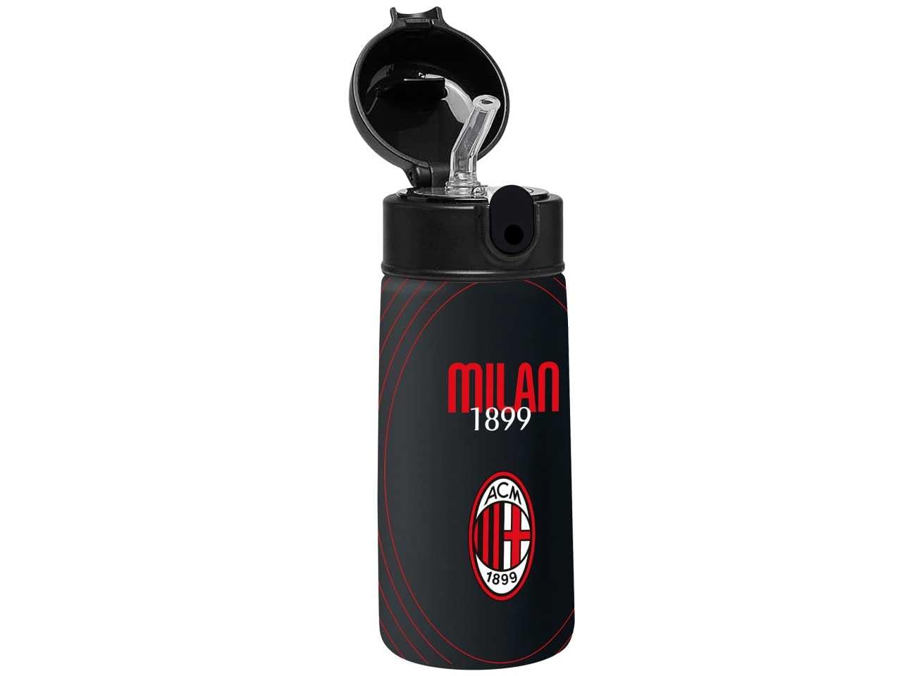 SEVEN A.C. Milan Football Water Bottle, Black Red, Stainless Steel Thermal, No BPA Indoor Outdoor, Temperature Maintenance up to 24 hours, Children's School