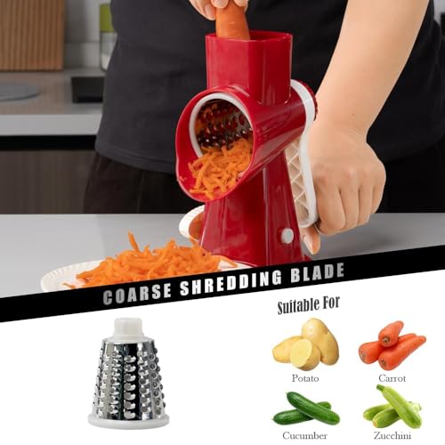 Image of Badelite Cheese Grater Hand Crank Rotating Cheese Shredder Stainless Steel Vegetable Slicer Grater for Kitchen 3 Blades for Cheese, Carrot, Cucumber, Nuts, Chocolate, Red