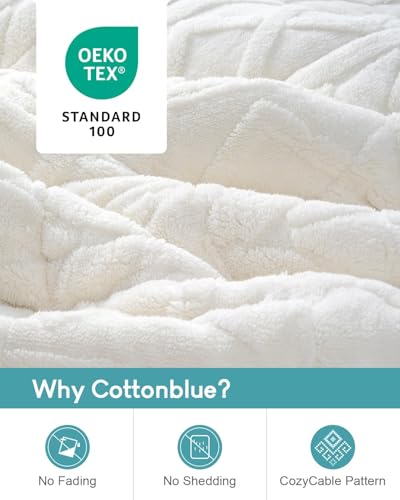 Cottonblue Jacquard Weighted Blanket 15lbs for Queen Ded - Ultra Soft, Cozy Comfort Sherpa Blanket for Relax and Sleep, Heavy Bed Blankets with Cemaric Beads, 60x80 in 17 lbs, Cream White