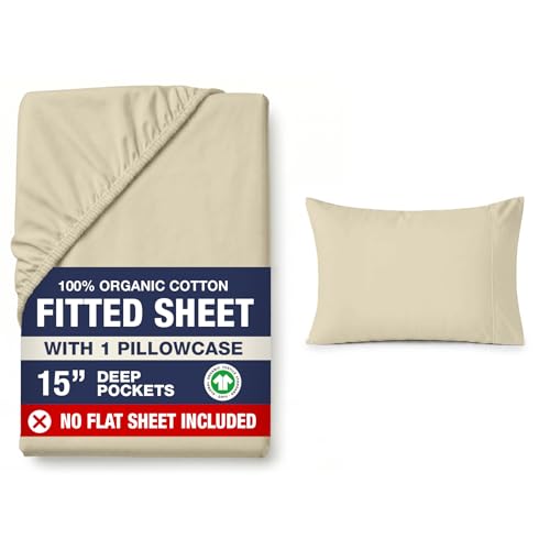 Image of LANE LINEN 100% Organic Cotton Linen Twin Fitted Sheets, 2-Piece Set (1 Fitted Sheet, 1 Pillowcase), Percale Weave, Ultra Soft, Breathable, Fits Mattress Upto 15' Deep - Linen (No Flat Sheet)