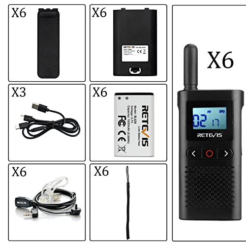 Retevis RB628 Walkie Talkie con Auricular, Walkie Talkies Recargable, PMR446 16 Canales Licencia Libre, 1500 mAh, Pantalla LCD, VOX, Walkie-Talkie Largo Alcance para Escuela (6 Piezas, Negro)