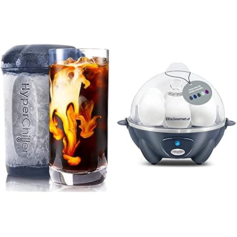 HyperChiller HC2BG Patented 12.5Oz Instant Coffee/Beverage Chiller, Tea, Wine, Spirits, Juice + Elite Gourmet EGC7007BG# Rapid 7 Egg Cooker, Hard, Medium, Soft Boiled Eggs, Poacher, Omelet, Blue Gray Cover