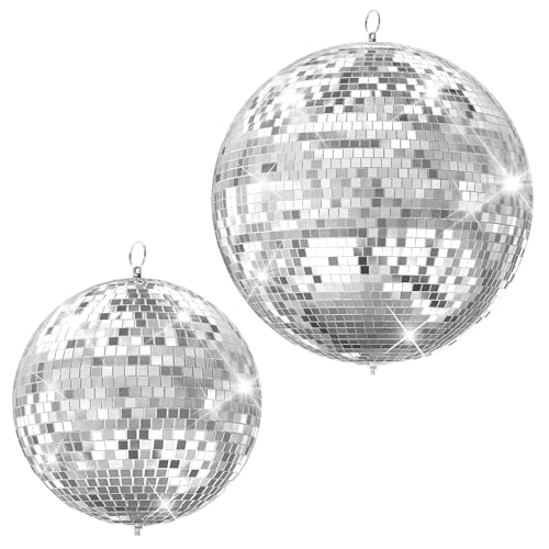 2 bolas espejadas, grandes bolas para discoteca para decoración de fiestas, bolas gigantes colgantes con baldosas reflectantes de vidrio, bola para exterior para efectos de luces DJ, celebraciones de bodas y cumpleaños (plata, 16 pulgadas + 20 pulgadas) miniatura 1