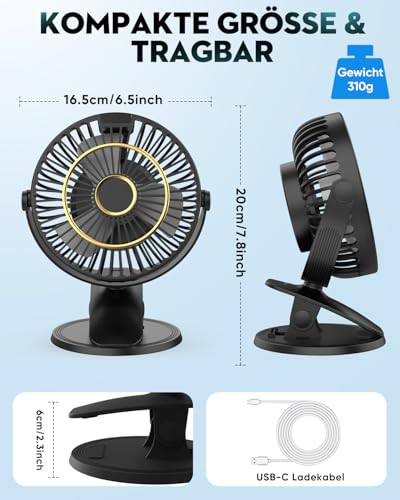 COZII Mini Ventilator, USB Ventilator Leise Clip Ventilator Tischventilator mit LED-Anzeige, 720° Drehung & 5 Geschwindigkeiten, 16cm Tragbarer Ventilator für Zuhause, Büro, Kinderwagen, Outdoor 6