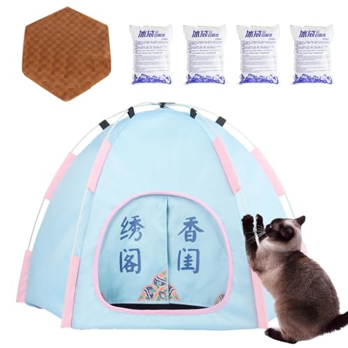 ペット用簡易テント、ポータブルキャットハウス | ドッグシェードウェザーシェルター,換気コットベッド連続冷却テントペット用エアコン快適ポータブル 、コット犬ベッド防水犬