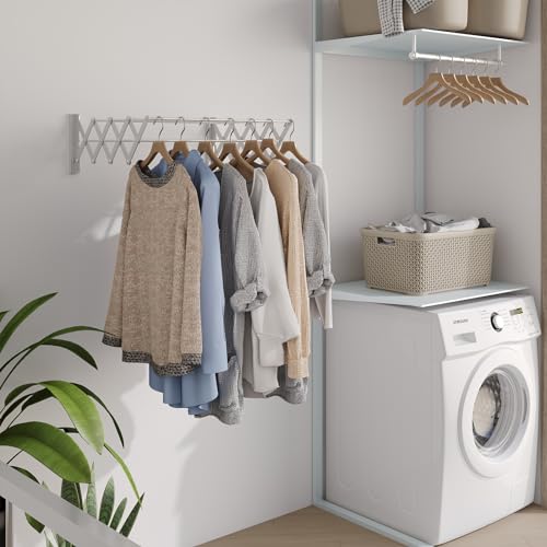 X-cosrack Wall Mount Clothes Drying Rack, 25.2" Wide Rustproof Accordion Retractable Drying Rack for Laundry Room/Bathroom Tower, 8 Bar Space-Saving Aluminium Alloys Laundry Drying Rack Silver