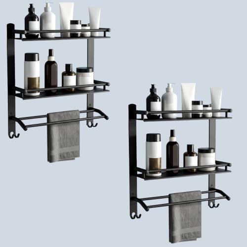 Image of GLOXY Premium Cobmo Pack of 2 Stainless Steel Matt Black Bathroom Shelf Rack 2 Layer with Towel or Napkin Holder Rods Black Bathroom Accessories for Home, Office, Hotels & Restaurants