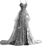 Sequin Mermaid Prom Dresses for Women 2024 2 Piece Spaghetti Straps Sparkly Tulle Ball Gowns Wedd...