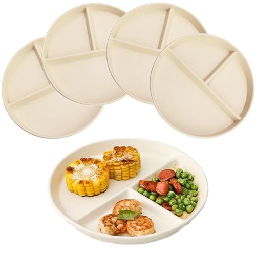 NOZVYCI 23CM Lot de 4 Assiette Plate Incassable avec 3 Compartiments Assiette à Dîner Divisée Allant au Micro-ondes et au Lave-vaisselle Assiette pour Familiale Séparée (Beige)