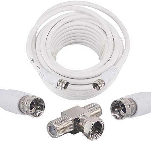 BOOBRIE Satellites Digital TV Aerial Cable Extension kit Includes F-Type Male to Male RG6 Coax Cable 10M White+ F-Type Male to Dual Female Triple T RF Adapter Connector 3 Way T-type Splitter Couplers