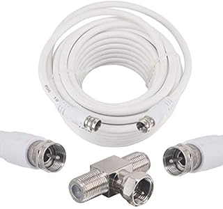 BOOBRIE Satellites Digital TV Aerial Cable Extension kit Includes F-Type Male to Male RG6 Coax Cable 10M White+ F-Type Male to Dual Female Triple T RF Adapter Connector 3 Way T-type Splitter Couplers