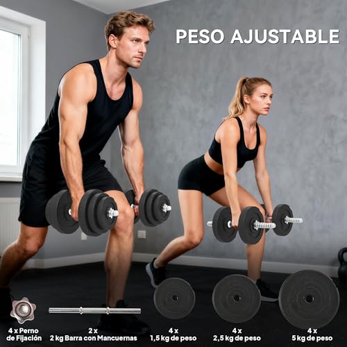HOMCOM Juego de Mancuernas Pesas de Fitness Total 40 kg 4x5 kg 4x2,5 kg 4x1,5 kg Ajustable Profesionales Gimnasio Doméstico y Musculación con 2 Barras Ø25x450 mm Acero y Discos - imagen 3