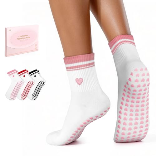 ALLIVE Pilates Socks with Grips for Women, Breathable Soft Non Slip Cute Yoga Socks for Studio or Home, Gift-Ready Set (3Pairs Pinkredblack)