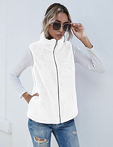 Raphin Damen Westen Ärmellos Teddy-Fleece Warm Mode Mantel Damen Winter Elegant Einfarbig Reißverschluss Lose Pelz Weste Mit Taschen(Weiß,L)