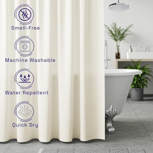 Image of Wakefit Shower Curtain 7 Feet | 14 Free Hooks | No Plastic Smell | Waterproof Bathroom Curtain | Curtain for Balcony | Machine Washable Fabric | Off-White | Height 7ft & Width 6ft | Very Premium