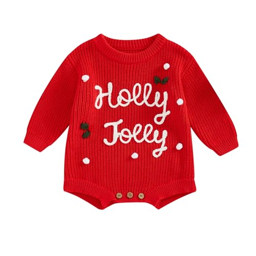 FYBITBO Baby Christmas Sweater Newborn Infant Girl boy Knit Sweater Romper Pullover Sweatshirt Onesie Fall Winter Clothes (Red Holly Jolly 0-3 Months)