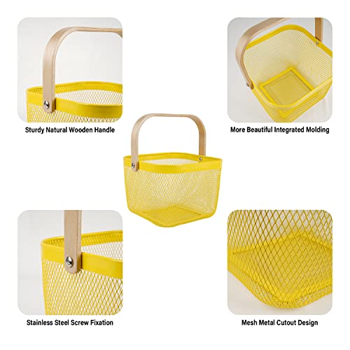 Sanhsehome 2 Pack Metal Mesh Steel Basket With Handle, Garden Baskets For Gathering Vegetables Square Wire Basket Storage Organizer Multi-Functional Fruit Basket Bin For Kitchen Cabinet Picnic, Yellow #TOP2
