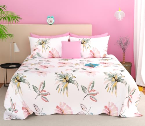 Image of SANMARINO 210TC Cotton King Size Bedsheet with 2 Pillow Covers | Premium Floral Print Design Flatsheet |Ultra Soft Breathable Skin Friendly Bedding Set for All Season Use 90 x 100 Inch,Tropical Pink