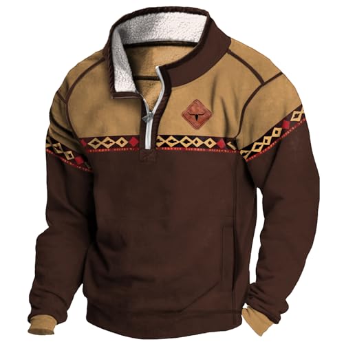 MARSVOVO Mens Aztec Cowboy Hoodies Quarter Zip Fleece Long Sleeve Western Shirt Fall Winter Vintage Jacket Men's Fashion Hoodies & Sweatshirts Oversized Country 70s Hoodie,AztecBrown,L