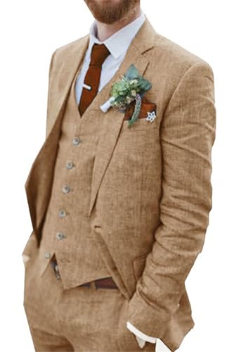 Costume rétro pour Homme en Lin de Plage, Ensemble de Mariage d'été Slim fit 3 pièces en Lin léger - Veste, Gilet, Pantalon - Smoking pour Retour à la...