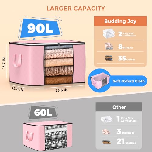 Image of Budding Joy 90L Large Storage Bags, 4 Pack Clothes Storage Bins Foldable Closet Organizer Storage Containers Storage and Organization for Clothes, Blanket, Pillows and Toys (Pink)