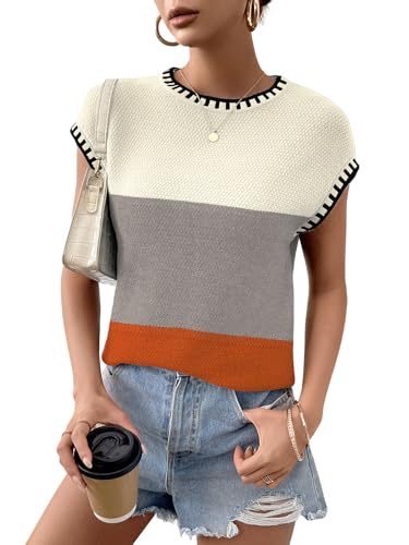 Image of Cap Sleeve Sweater Tops for Women 2026 Knit Summer Sleeveless Tank Vest | Slim Fit, Trendy Color Block, Soft, Skin-Friendly, Strechy, Lightweight, Breathable, Casual Daily Wear
